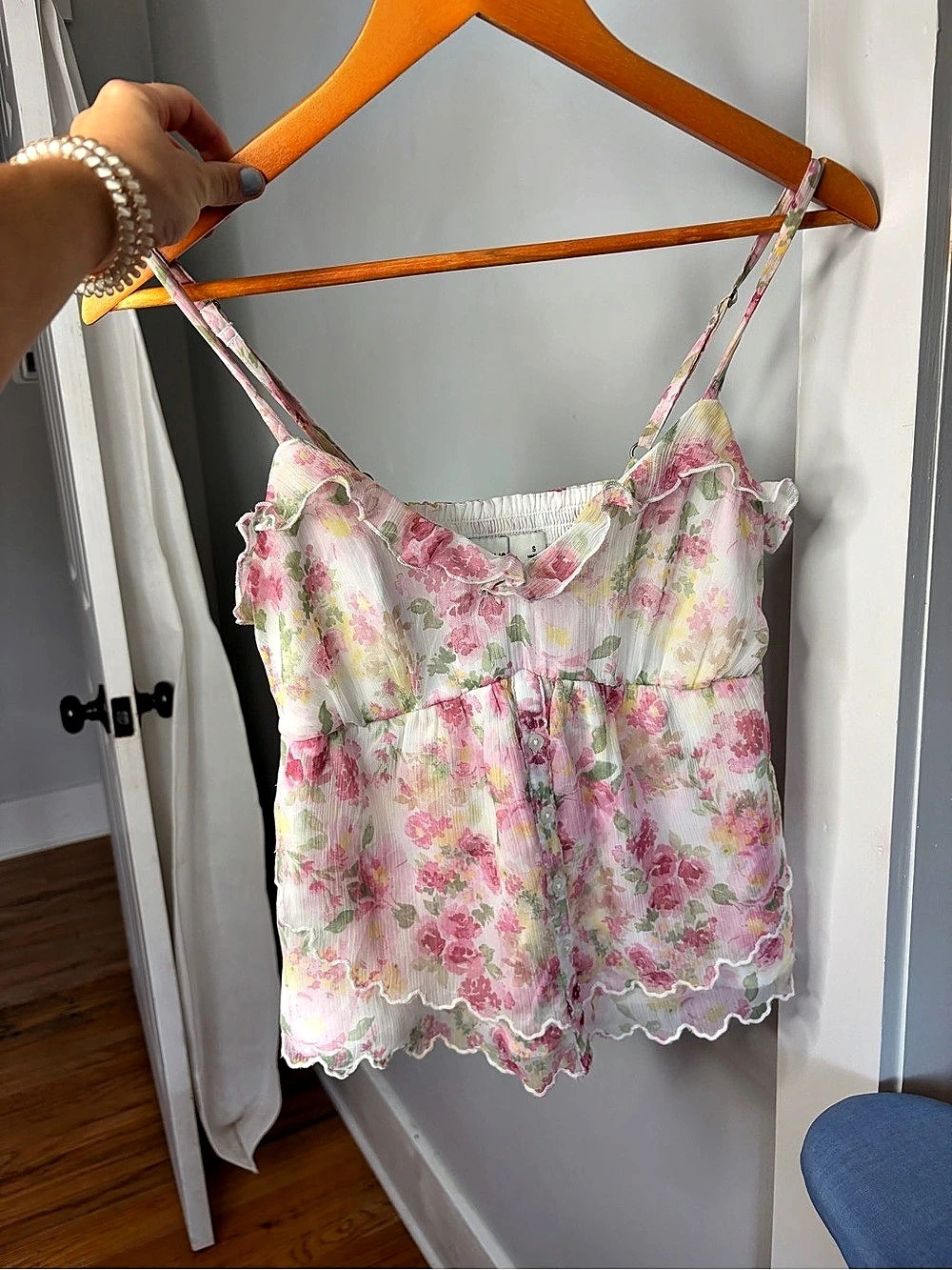 Hollister Floral Coquette Tank Top Pink & White Small
